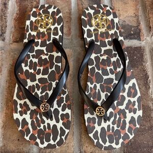 Tory Burch Black-Strap Leopard Print Flip Flops with Gold Logo